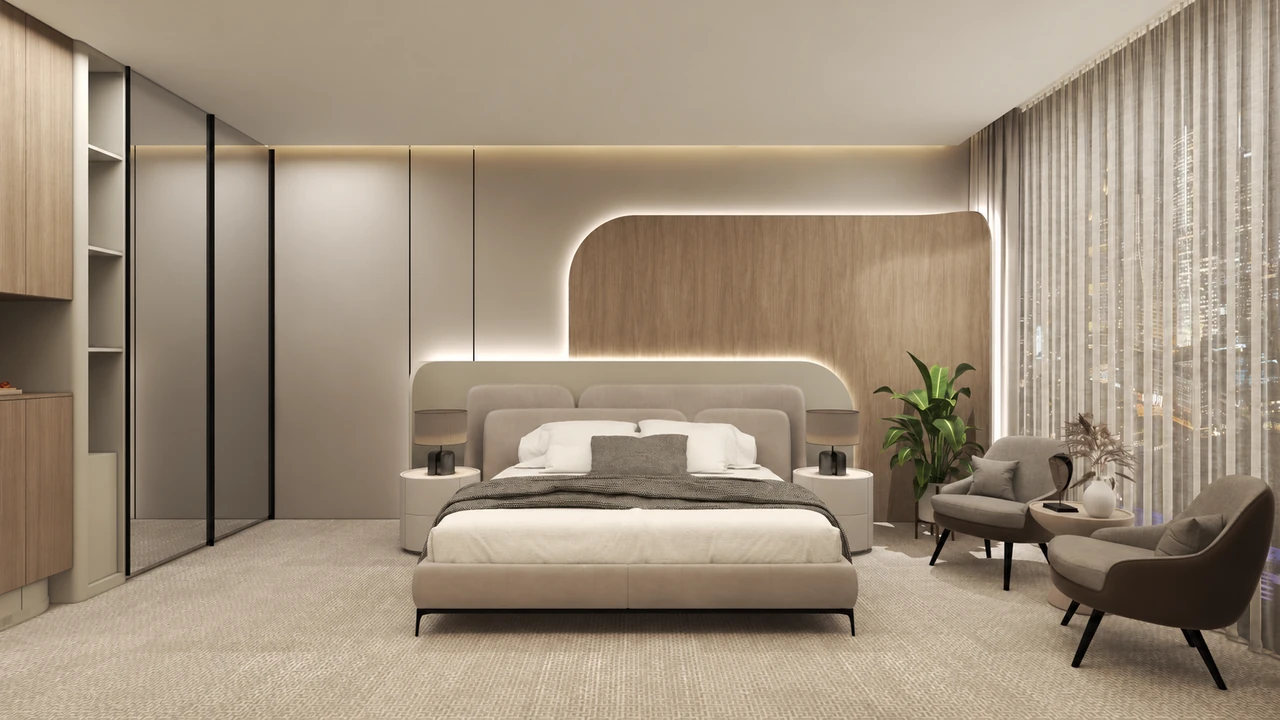 Client bedroom design with a softly illuminated timber headboard and warm neutral finishes