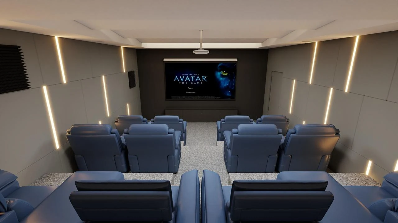 Home cinema design seen from the rear row, with illuminated acoustic walls