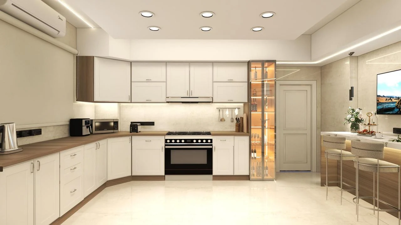 Cream kitchen design with an L-shaped counter and integrated oven