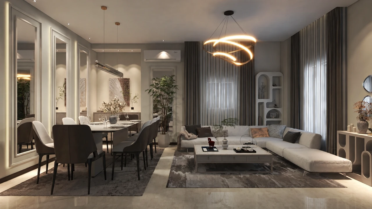 Living and dining design with sculptural pendant lighting and full-height glazing