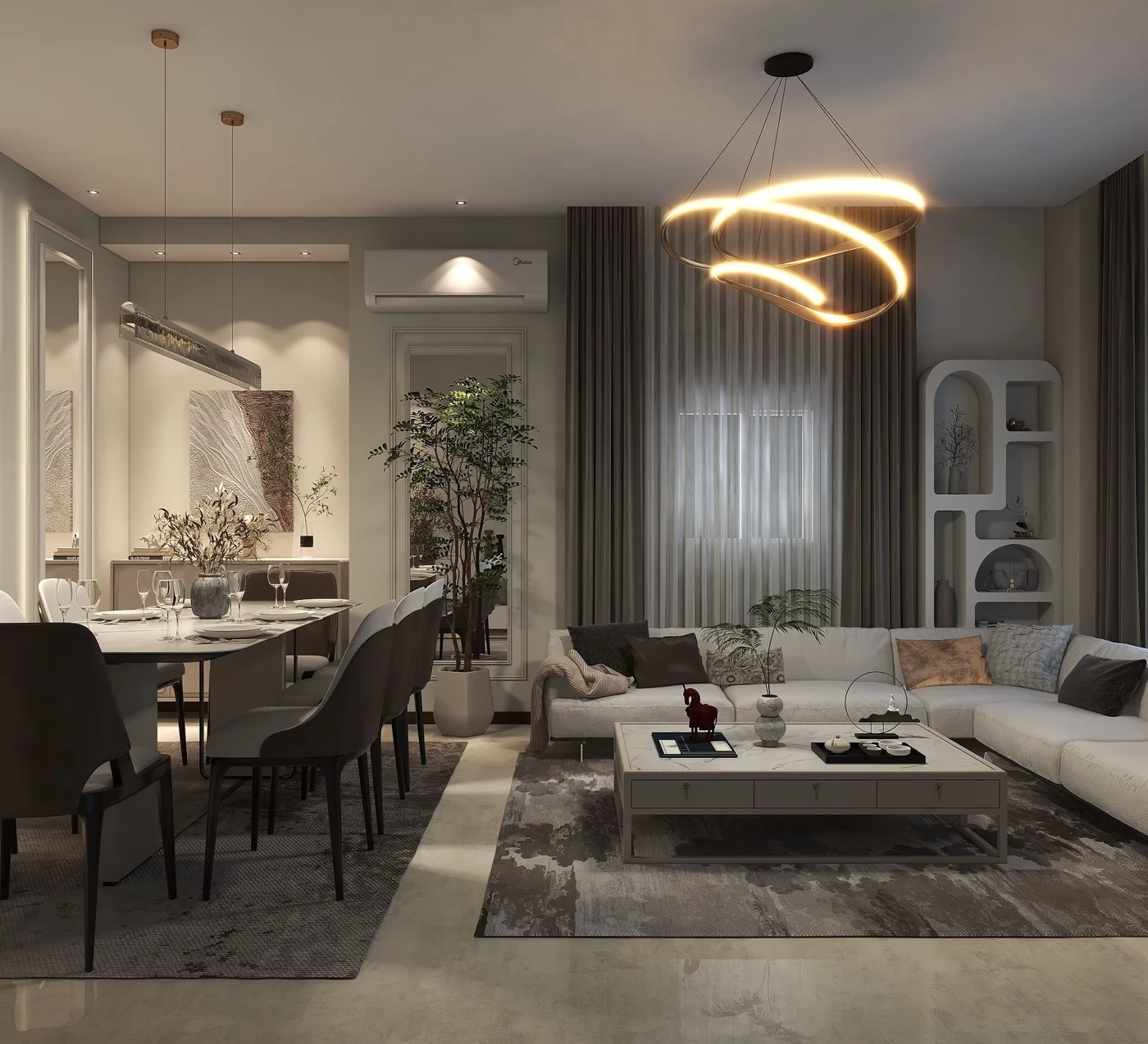 Living and dining interior visualization from the studio’s existing portfolio